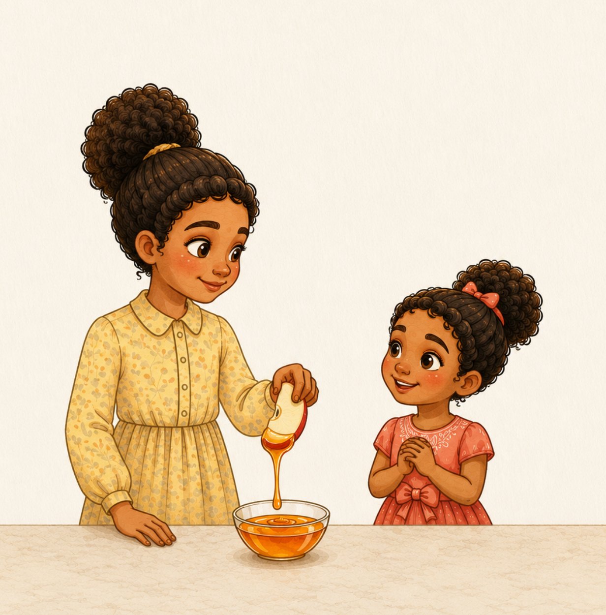 Noa helping Shira dip an apple in honey