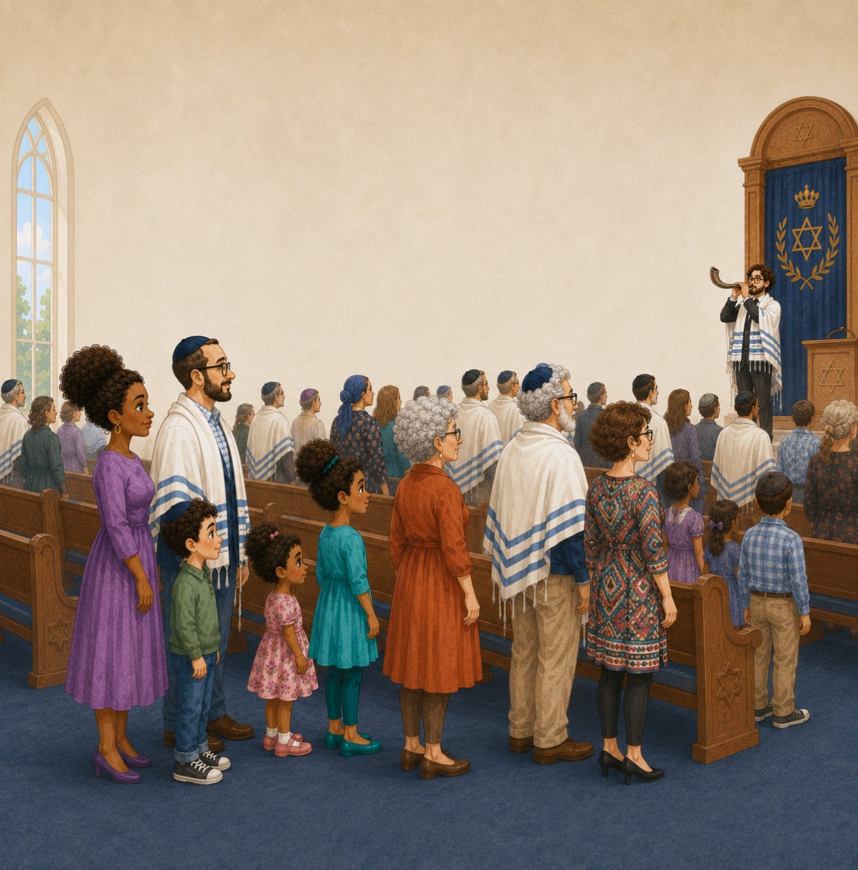 Family listening to the shofar in synagogue