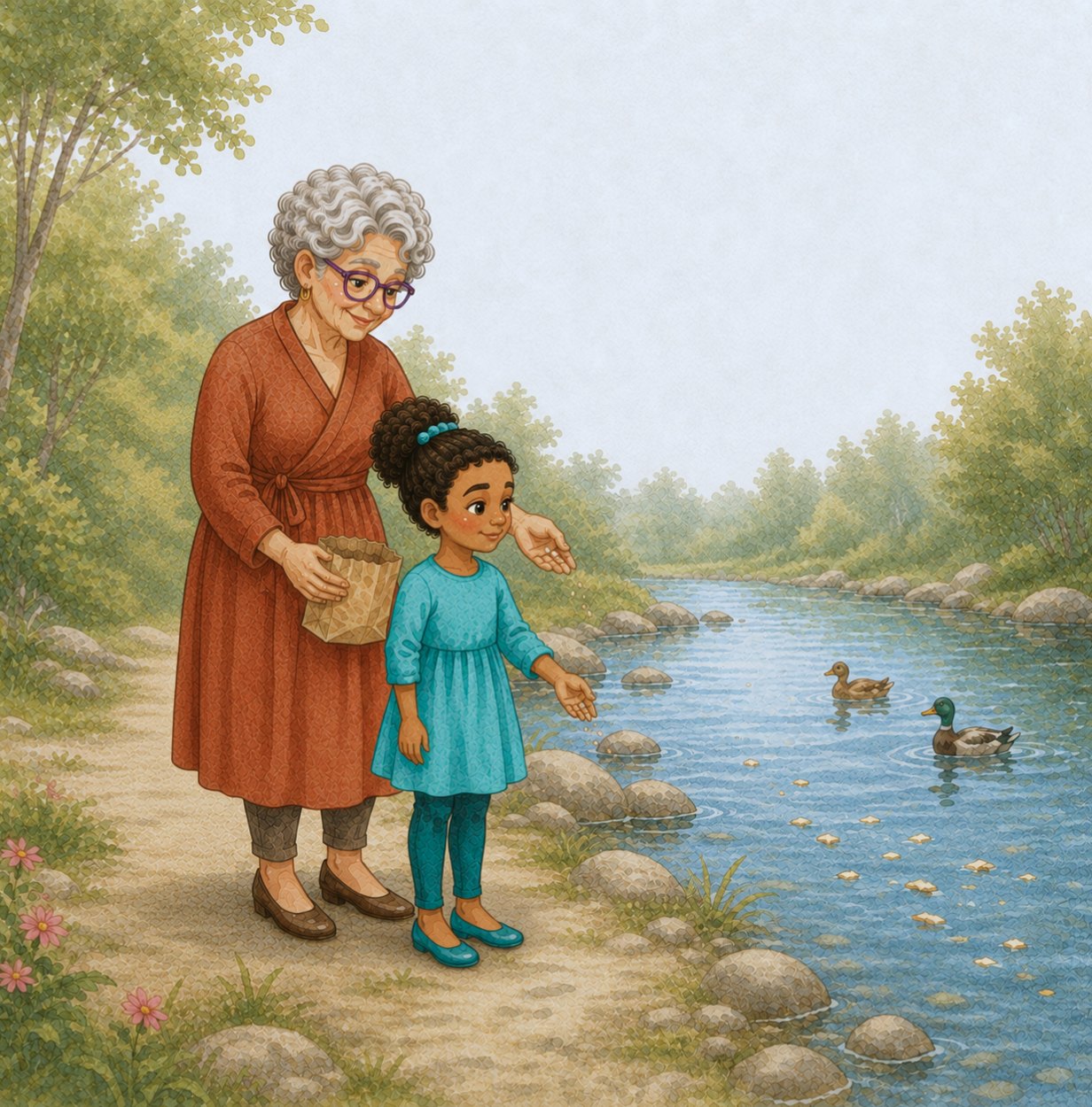 Noa and Bubbe beside a stream during Tashlich