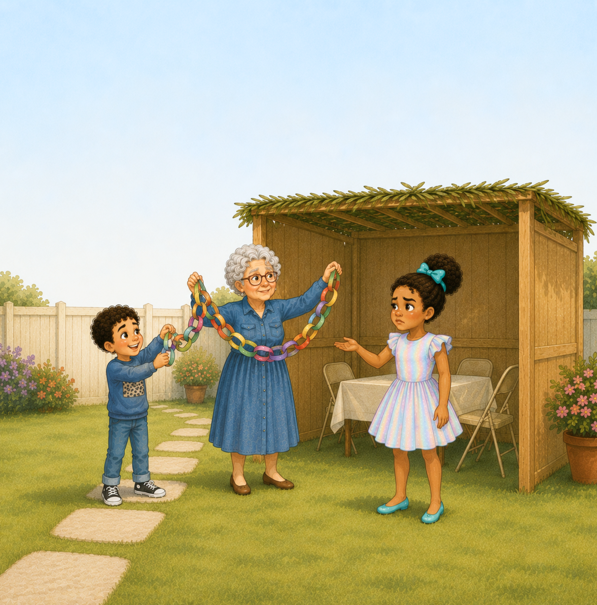 Noa, Ezra, and Bubbe with colorful paper chains beside the sukkah