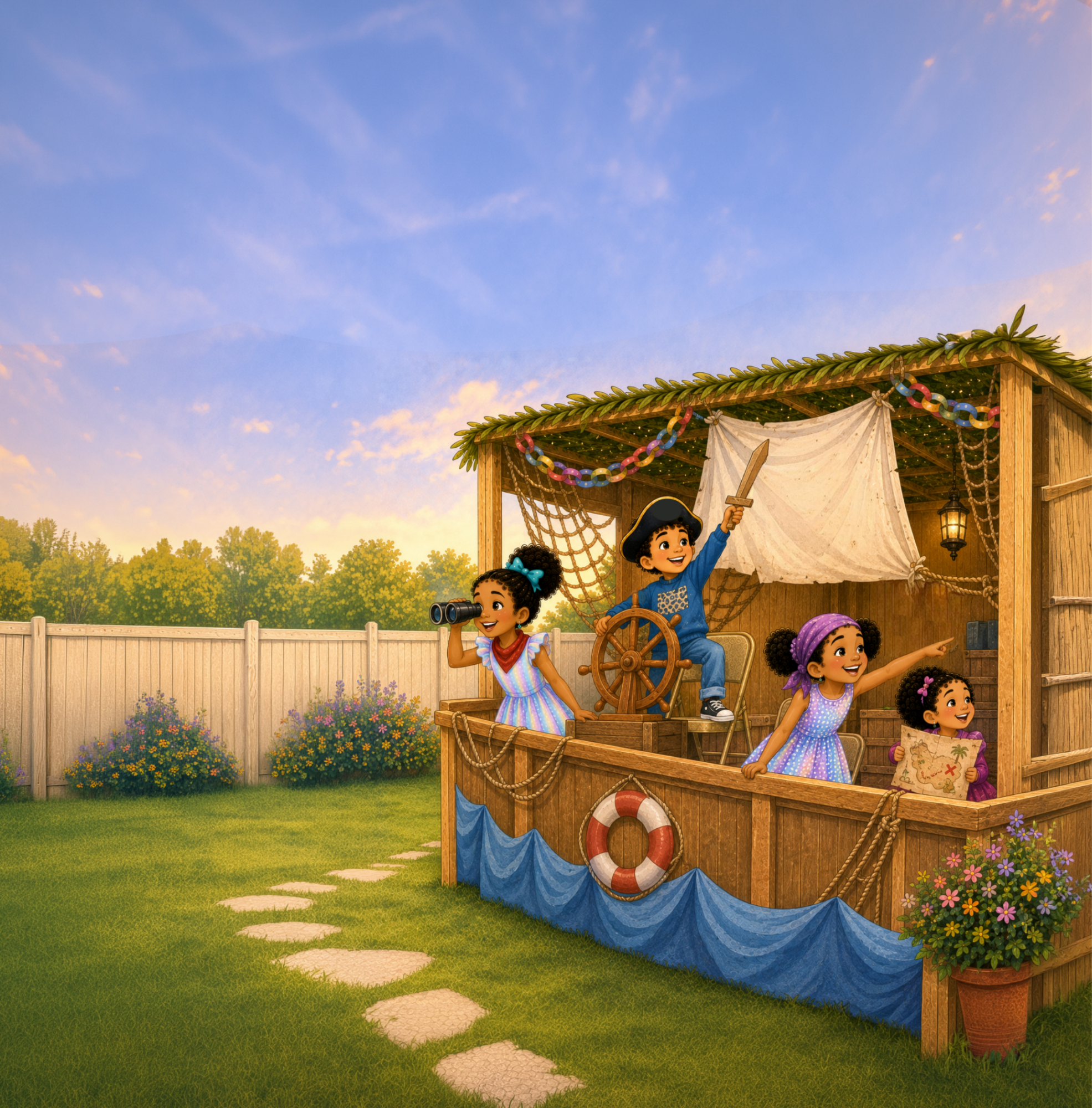 The children imagine the decorated sukkah as a pirate ship