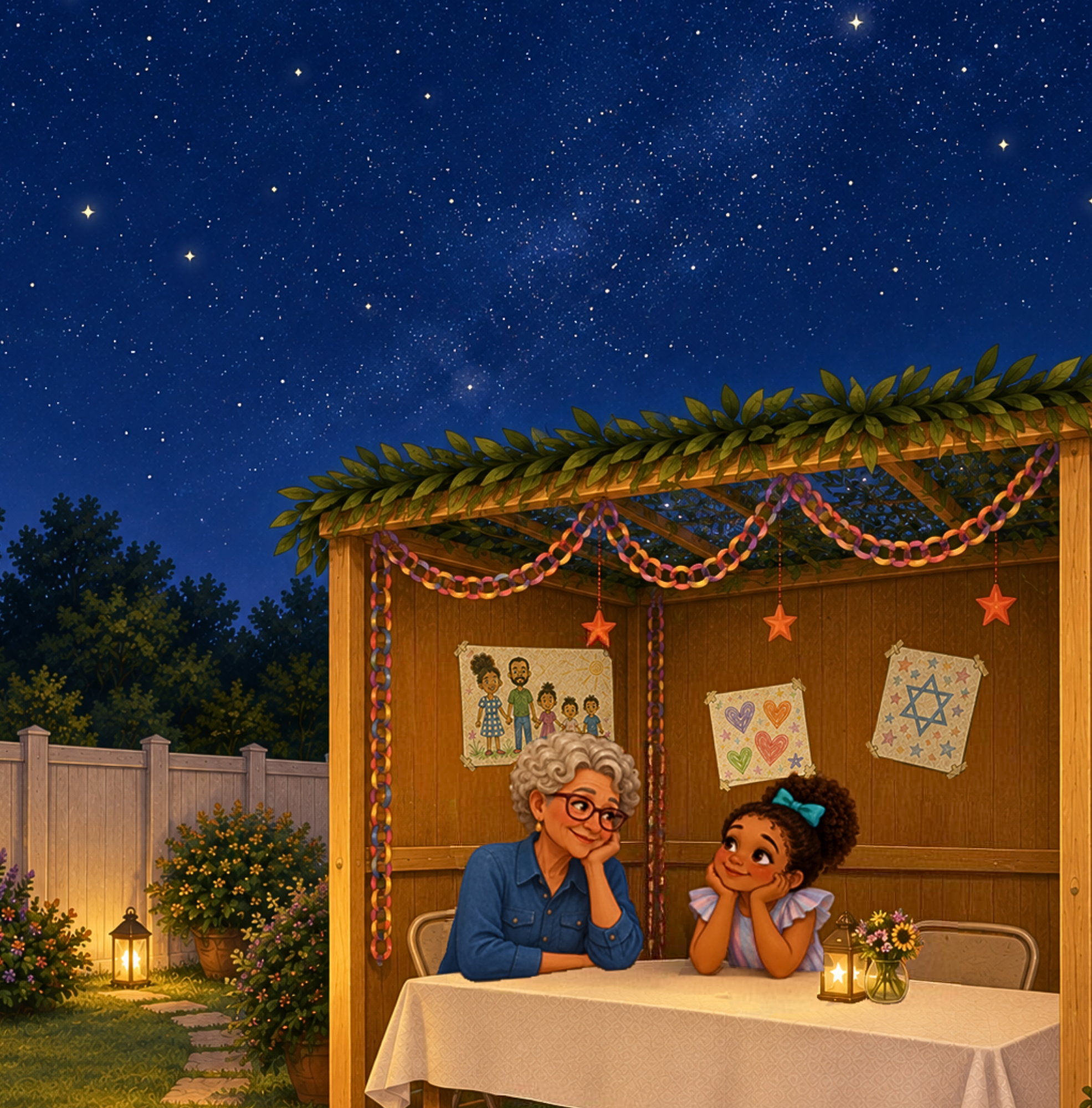 Noa and Bubbe look up at the stars through the sukkah roof