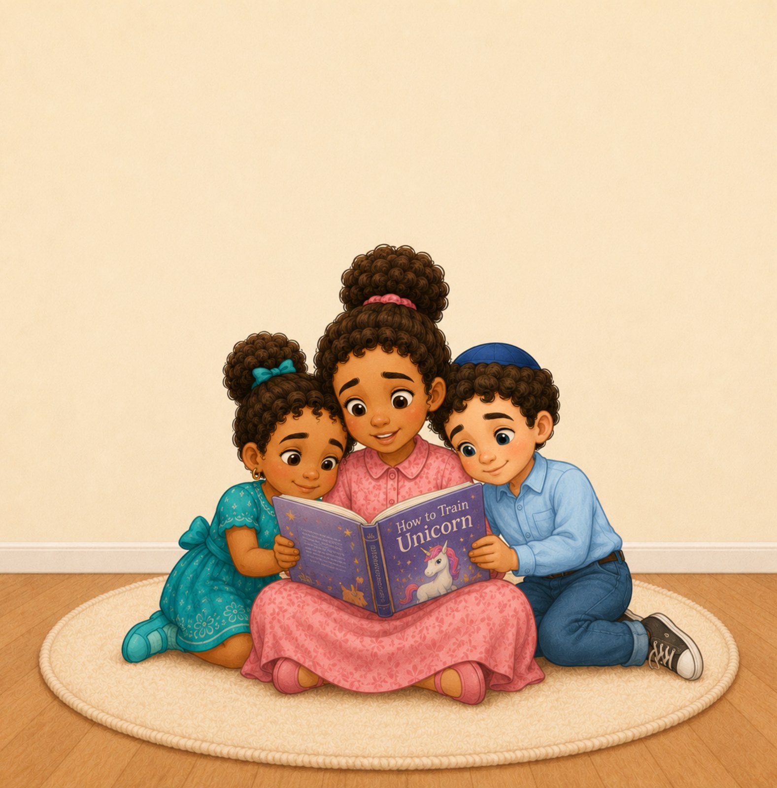 Noa reading with her younger brother and sister
